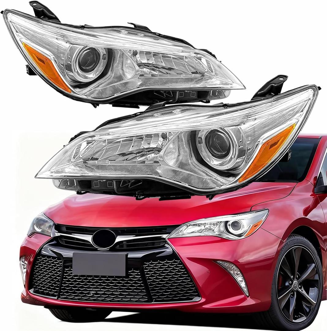 Pair Headlight Assembly Set For 2015 2016 2017 Toyota Camry SE LE XLE Hybrid Replacement Halogen Headlamps Driver and Passenger LH RH Side Chrome Housing Clear Lens OE Style (LH&RH)