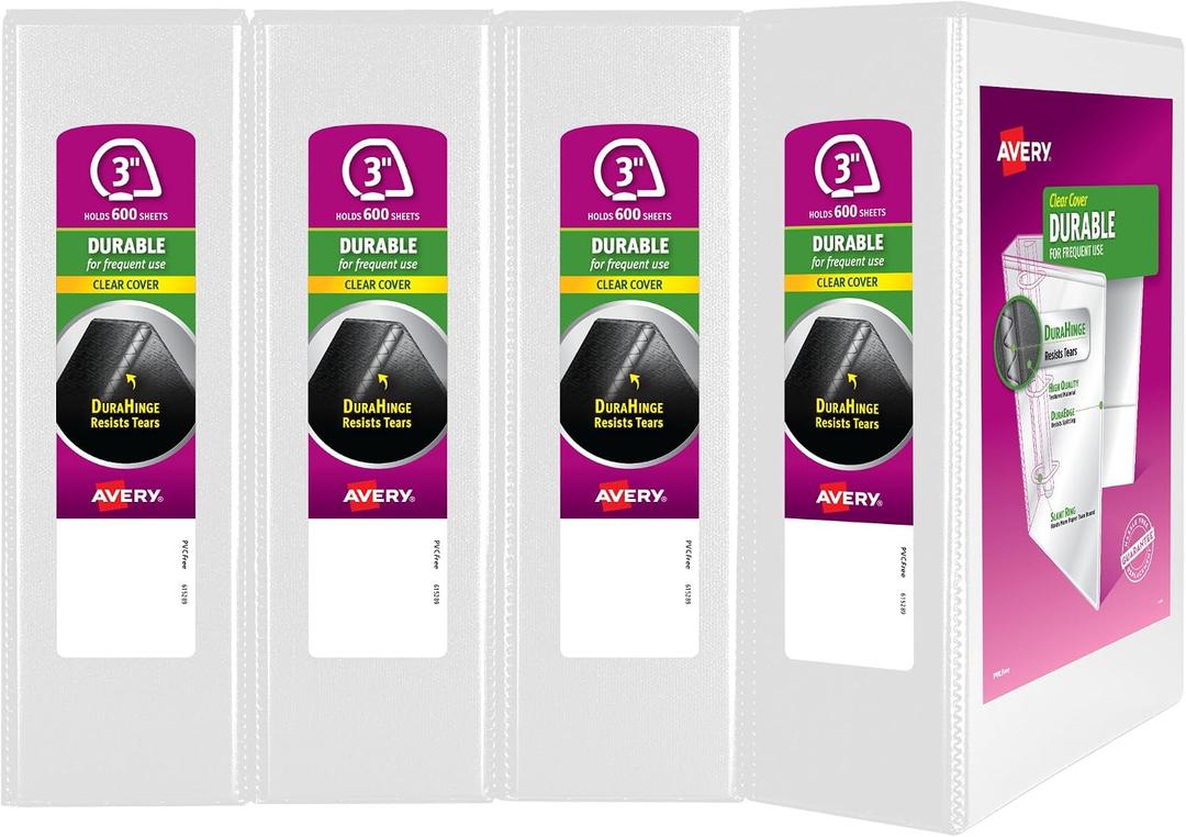 Avery 3 Ring Binder 3 Inch Slant Rings Durable View, White Binder for Home, Office, or School Use, 4 Pack (17030)