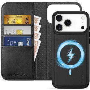 SHIELDON 2-in-1 Genuine Leather Wallet Case for iPhone 17 Pro Max 6.9" 2025 | Detachable, Wireless Charging, Flip Magnetic Closure, Kickstand, RFID Blocking Card Slot, Shockproof Cover - Nappa Black