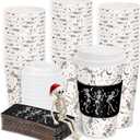 JarThenaAMCS 50Pcs 16Oz Christmas Disposable Coffee Cups with Lids and Sleeves Funny Dancing Skeleton Paper Drinking Cup for Xmas Birthday Party Supplies