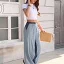 TARSE Womens Linen Wide Leg Pants Striped Drawstring Elastic Waist Loose Fit Summer Boho Casual Trendy Pants with Pockets (Blue, L)