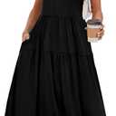 OFEEFAN Maxi Dress Casual Dresses for Women Crew Neck Short Sleeve Tiered Dress with Pockets (Large, Black)
