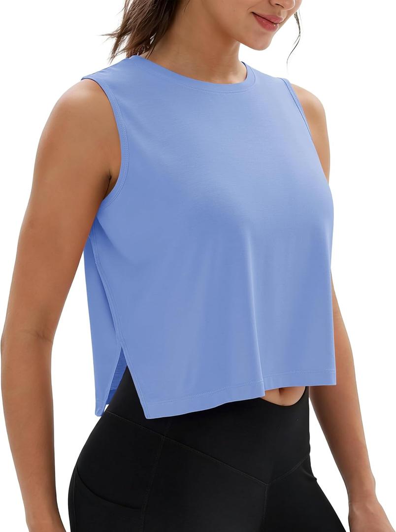 MAGCOMSEN Tank Tops for Women Crop Workout Sleeveless Tank Loose Fit Gym Yoga Muscle Top with Side Slits (Blue, XXL)