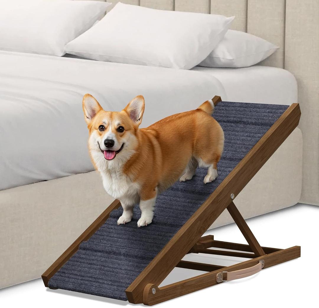 PATHOSIO Dog Ramps for Bed Portable Dog Ramp for Couch, Folding Dog Ramp for All Breeds Real Wooden Ramp for Dogs To Get on Bed, Adjustable Dog Ramps for Large Dogs (Walnut - Grey Carpet Medium-large)