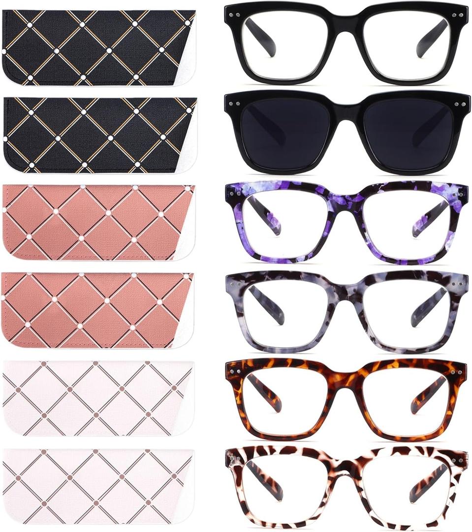 6 Pack Fashion Reading Glasses for Women Men Blue Light Blocking Oversized Square Readers with Spring Hinge (2 Black & 4 Colorful)
