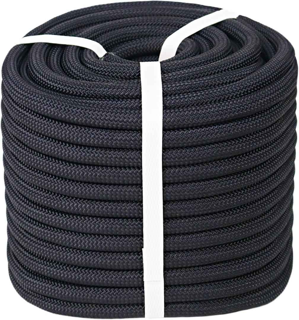 Double Braided Polyester Rope (1/2 in x 100 ft) Strong Arborist Rigging Rope 48 Strands for Tree Work Climbing Pulling Sailing, Black