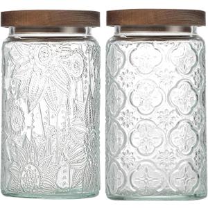 34 OZ Airtight Glass Storage Jar with Bamboo Lid - Vintage Glass Jar Vintage Food Containers Canisters Set for Kitchen Counter & Pantry - Ideal for Sugar, Flour, Coffee, Tea, Candy, Oats -2 Pack ((34oz)Sunflower+Begonia)