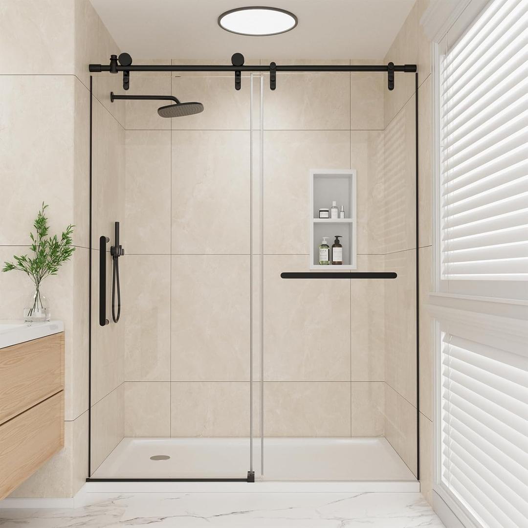Mybos 74 * 60" Shower Door, Frameless Sliding Shower Door, Shower Glass Door with 5/16" (8mm) Clear SGCC Tempered Glass, Explosion-Proof Film, Stainless Steel Hardware Matte Black (One vertical handle & horizontal handle)