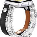 fastgo Leather Band Compatible with Apple Watch 45mm 44mm 42mm 49mm Women, Elastic Beaded Bracelet Strap Adjustable for Iwatch SE &Series 9 Ultra 8 7 6 5 4 3 2 1 (Black/White, 42/44/45/49mm)