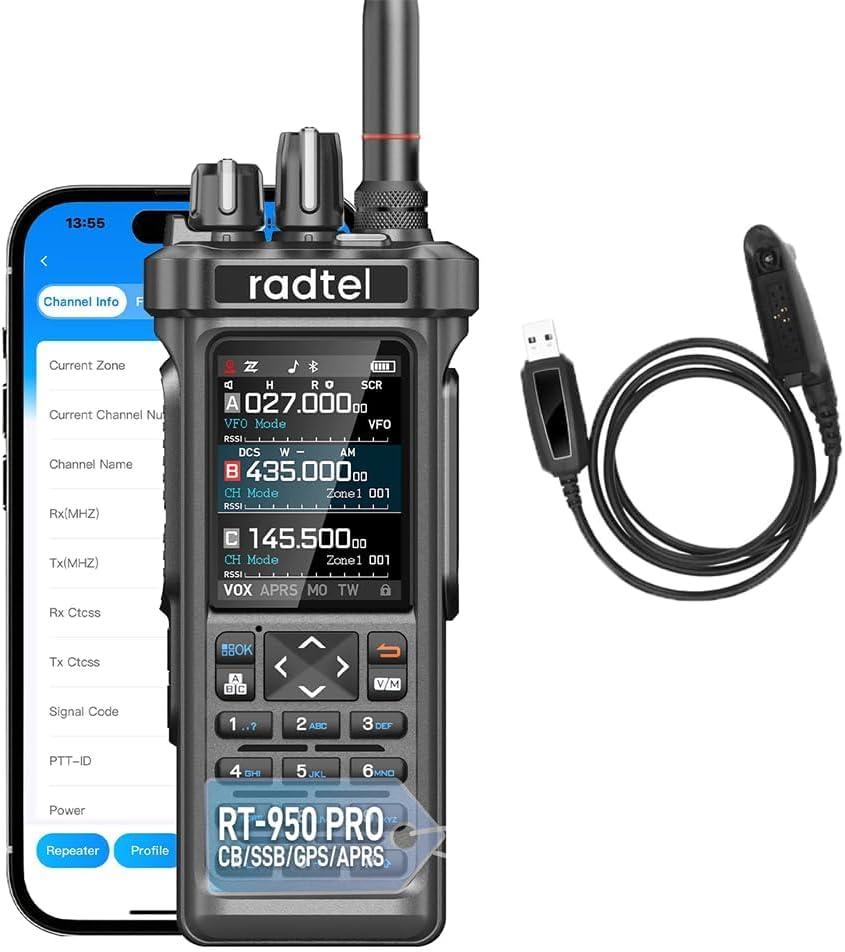 Radtel RT-950 PRO Ham Radio TX GPS/APRS, 10W Walkie Talkie Long Range Handheld Two Way Radio, AM/FM/CB/SW/MW/LW RX, Bluetooth APP Programming, NOAA, Spectrum Analyzer (with Programming Cable) (Black)