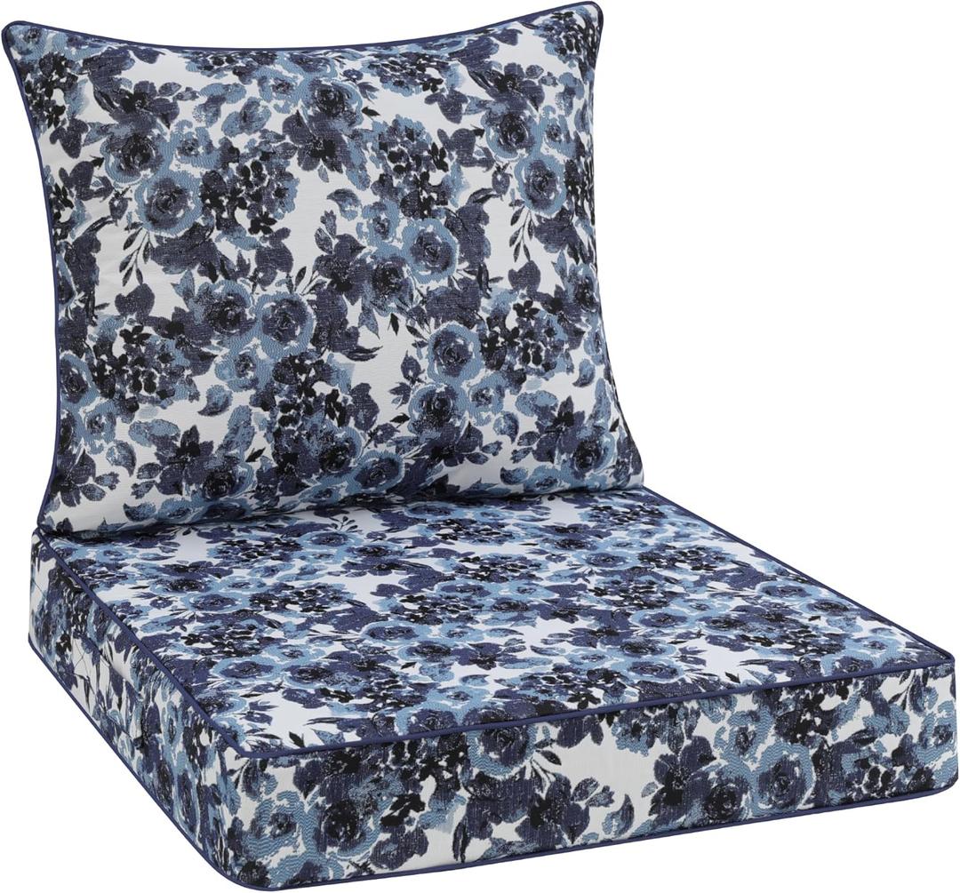 Favoyard Outdoor Seat Cushion 24 x 24 x 4 in Waterproof Pattern Fade Resistant Cover Removable Patio Furniture Cushions Deep Seat & Back Cushion Set with Adjustable Straps for Patio Chair Sofa Couch (Blue Floral)