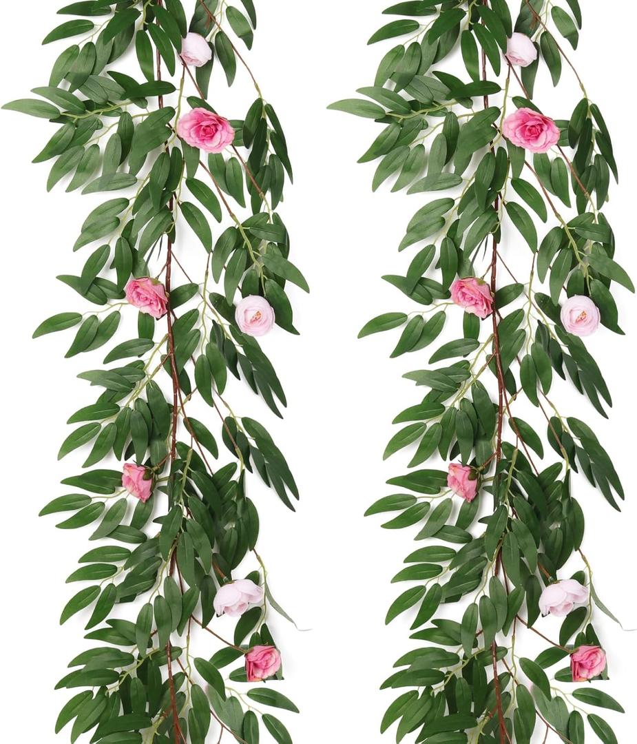 RECUTMS Artificial Hanging Willow Leaves Vine Twigs Whit Roses Flower 2Pc 5.7Ft Faux Ivy Plant Silk Green Leaf Rose Floral Garland Greenery Indoor Outdoor Wedding Jungle Birthday Party Garden Decor