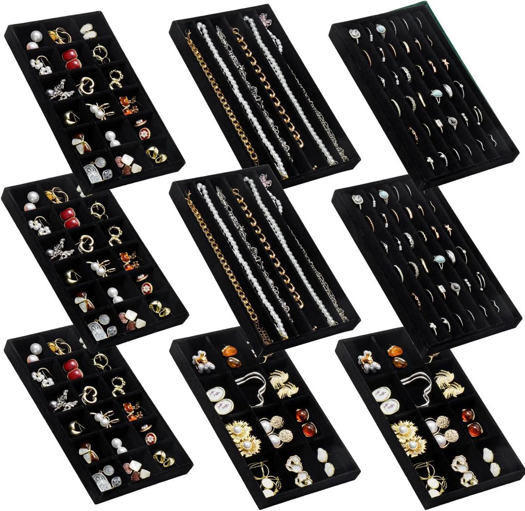 SPAKOWN Jewelry Organizer for Drawer, Adjustable Velvet Jewelry Tray, Stackable Necklace Organizer Earring Holder Organizer Ring Tray Jewelry Storage Display Drawer Inserts Set of 9 (Black)