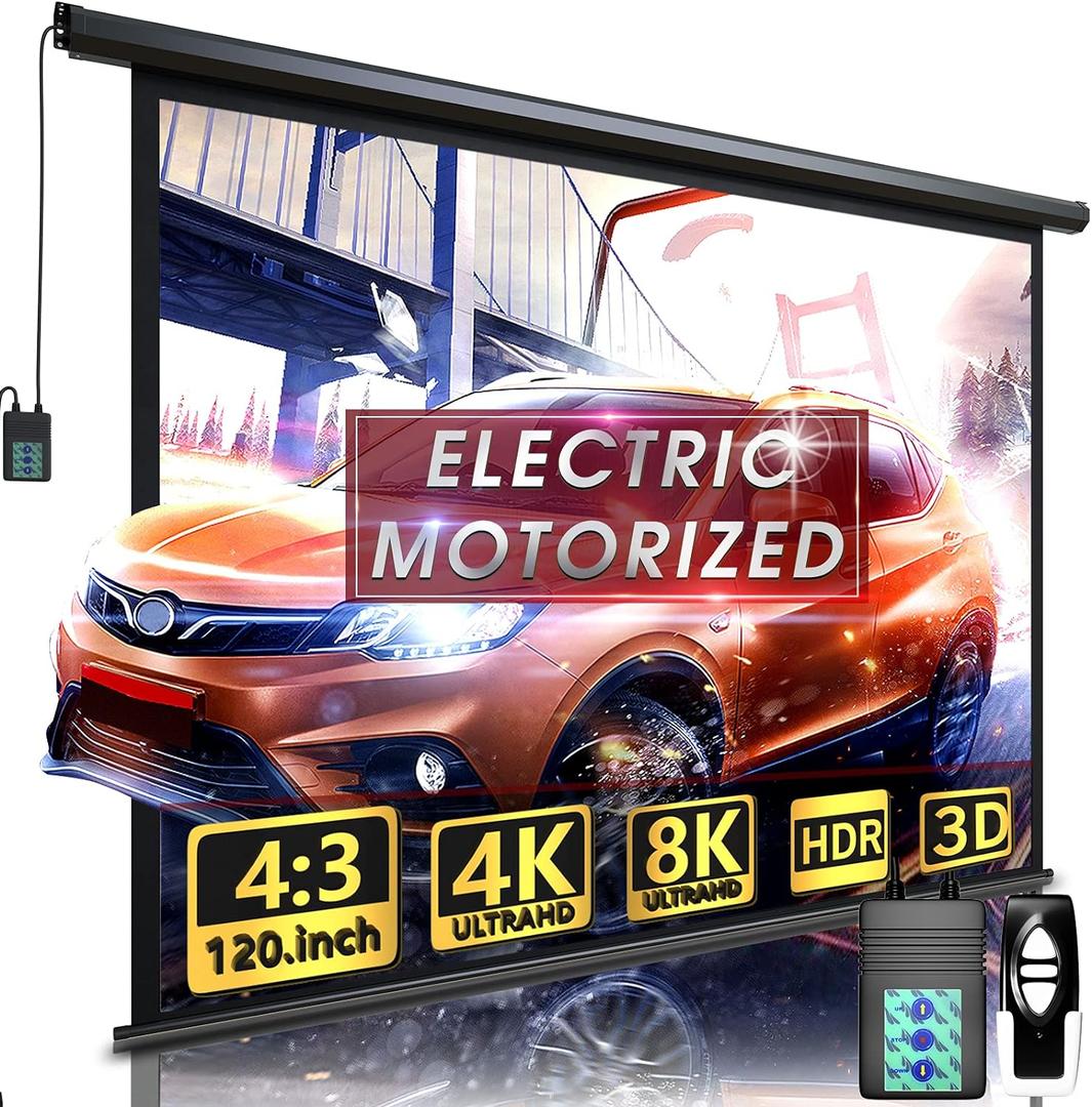 Motorized Projector Screen - Indoor and Outdoor Movies Screen Electric Projector Screen W/Remote Control (120 inch)