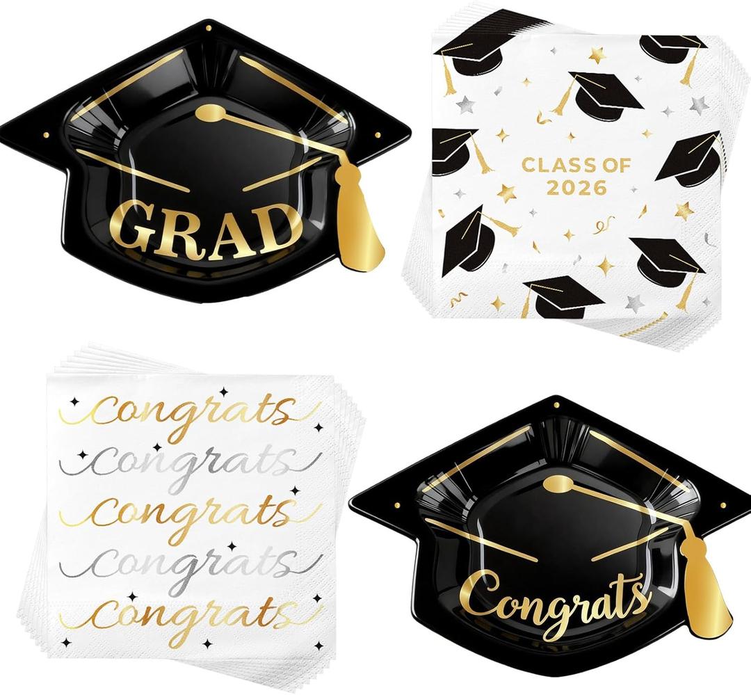 Graduation Plates and Napkins Set, 100Pcs Grad Cap-Shaped Paper Plates & Napkins for Graduation Party Supplies, Class of 2026 College High School Graduation Decorations Favors, Serves 25 People