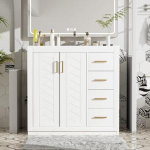 36'' Bathroom Vanity with Ceramic Sink Combo, Solid Wood Frame Storage Cabinet & 3 Drawers, Freestanding, Soft Closing Doors, White