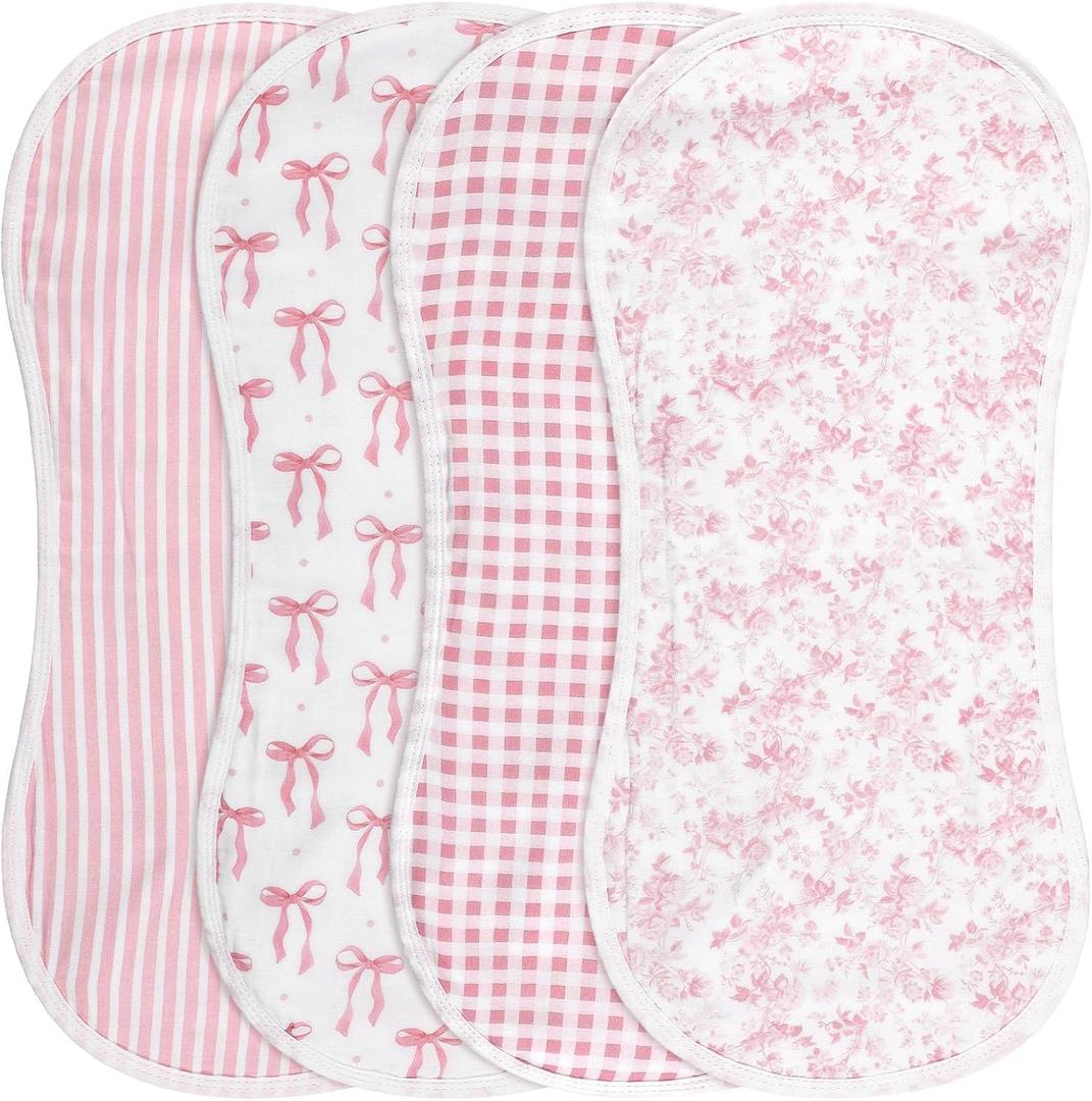 Boao 4 Pack Baby Burp Cloths Pink Bow Rayon Cotton Baby Burping Cloths 21" x 10" Soft Muslin 7 Absorbent Layers Washcloths Newborn Face Towels for Teething Drooling Infant Boy Girl Unisex