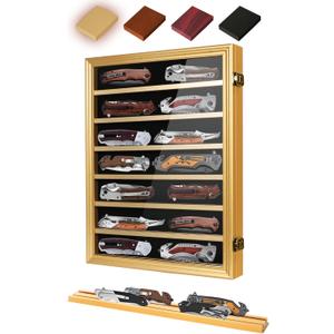 Pocket Knife Display Case 7 Rows Lockable Wooden Knife Shadow Box with HD Tempered Glass, Military Folding Knife Cabinet Stand for Wall with Removable Shelves, Gold