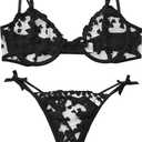 Sexy Womens Underwire Strappy Embroidered Mesh Sheer Lingerie V Neck Set See Bra 2 Piece (Black, XL)