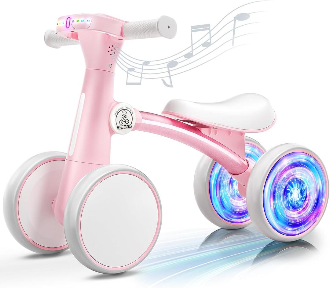 Ridego Colorful Lighting Baby Balance Bike for 1 Year Old Girls Gifts,Toddler Toys for 12-24 Month with Music,4 Silence Wheels Baby Walker,Toddler First Bike for 12-24 Month Birthday Toys Gifts (Pink)