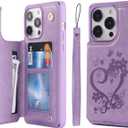 Cavor for iPhone 14 Pro Case with Card Holder,for iPhone 14 Pro Wallet Case for Women Men,Phone Case for iPhone 14 pro with Stand Credit Card Holder, Leather Strap Shockproof Cover- Purple