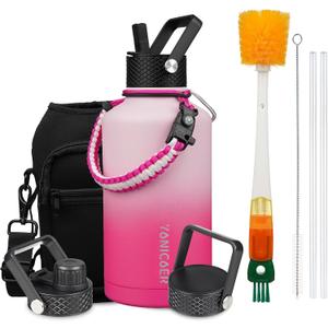 Insulated Water Bottle 64oz,Triple Wall Vacuum Stainless Steel(Dishwasher Safe),Leak Proof & Non-BPA,Flask Jug with Paracord Handle & Straw Spout Lids Sports Cherry Blossom