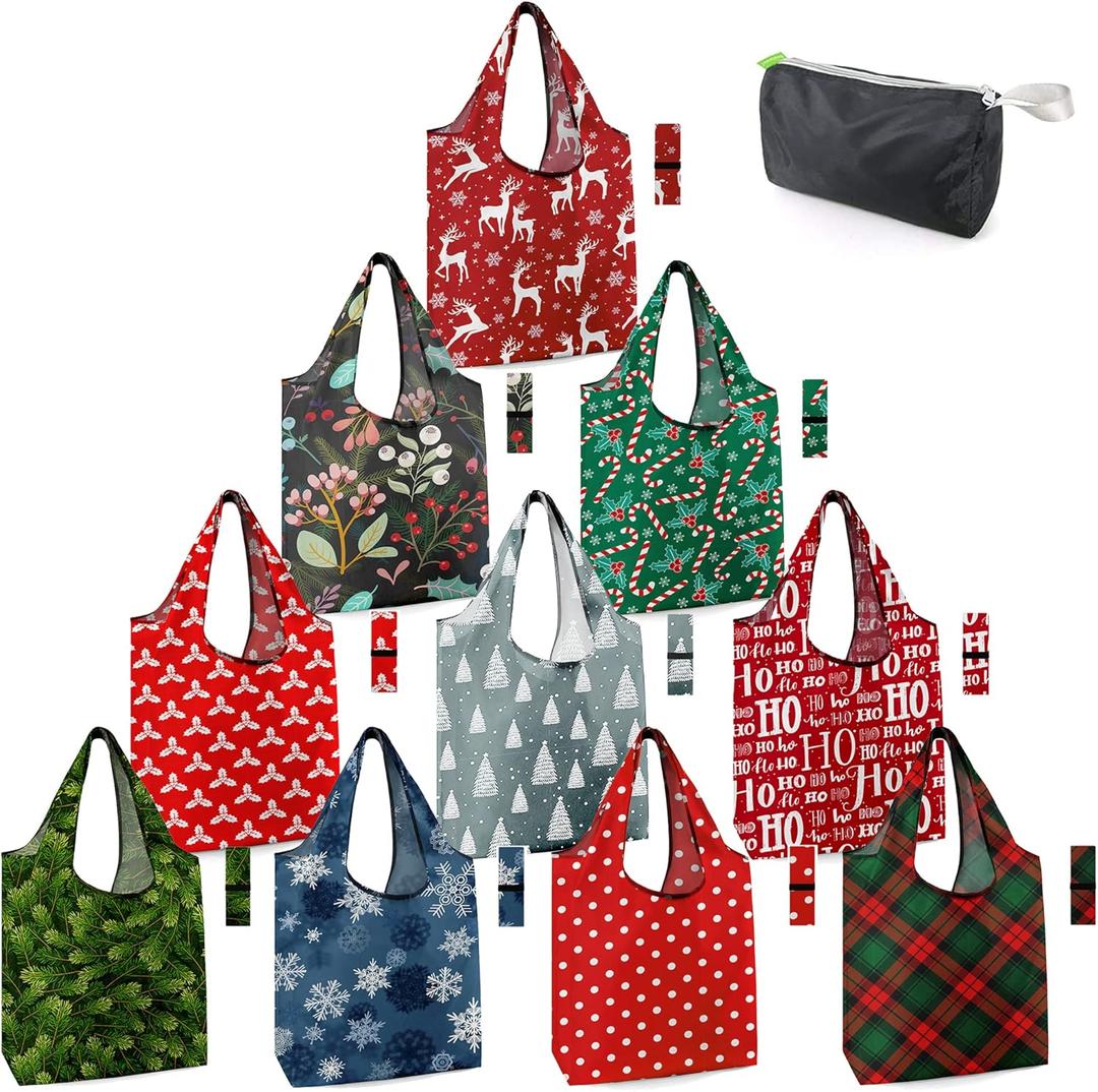 BeeGreen Christmas Reusable Grocery Bags 10 Pack Reusable Shopping Bags Bulk Christmas Gifts Tote Bags with Zipper Storage Pouch Elastic Band Foldable-Machine Washable