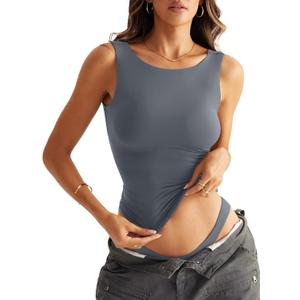 Women Sleeveless Boat Neck Tops Double Lined Backless Tank Tops Basic Fitted T Shirts 2025 (X-Large, Grey)