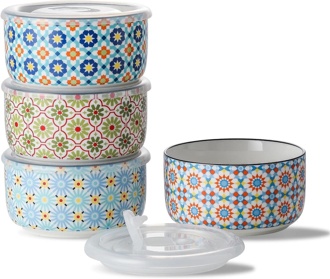 Chubacoo Ceramic Bowls Set with Lid: Microwave Safe Soup Containers for Meal Prep, Cereal, Salad, Picnic, Camping, Office Lunch, Kitchen Food Storage  5 Inch, 20 oz, 4 PCS, Design C