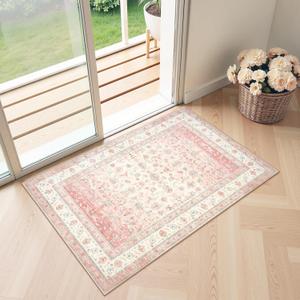 LIVEBOX Blush Pink Small Throw Rug for Bedroom, 2x3 Washable Boho Floral Area Rugs for Entryway, Non Slip Cute Indoor Door Mat for Teen Girls Room Kitchen Bathroom(2x3ft)