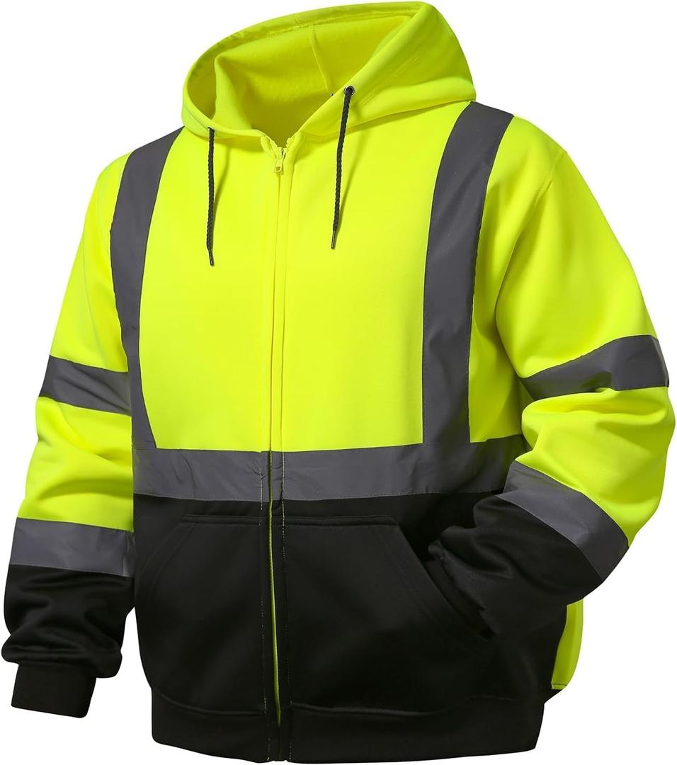 SKSAFETY Hi Vis Work Safety hoodies for Men - Class 3 High Visibility Reflective Hoodie Jacket, High Vis Zipper Hoodie with Black Bottom, Construction Sweatshirts with Pockets (5X-Large, Lime 02)