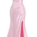Lace Applique Satin Prom Dresses for Women 2026 Mermaid V Neck Ruched Spaghetti Strap Formal Evening Gown with Slit (Green, L)