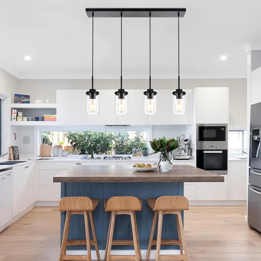 Kitchen Island Lighting with Clear Glass 4-Light Dining Room Light Fixtures Industrial Chandeliers Black Hanging Light for Kitchen Pool Table Lights Height Adjustable, 31.1 Inch Length