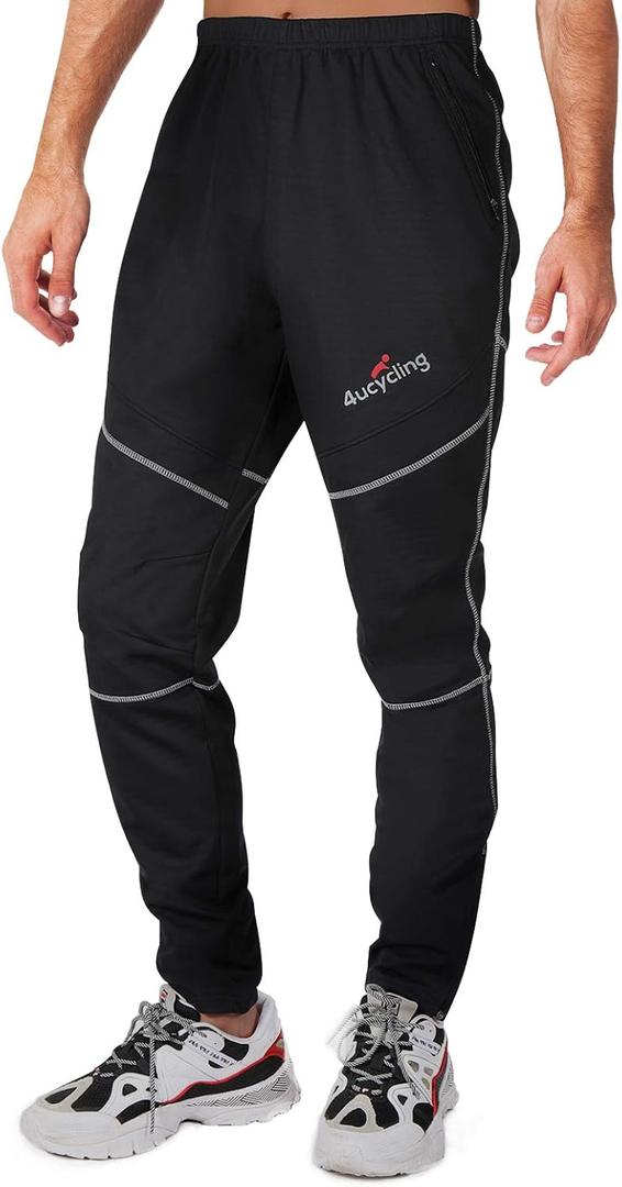 4ucycling Men's Mountain Bike Pants, Thermal Fleece Winter Cycling Windproof Running Pants for Cold Weather Riding Hiking (Medium, Black)