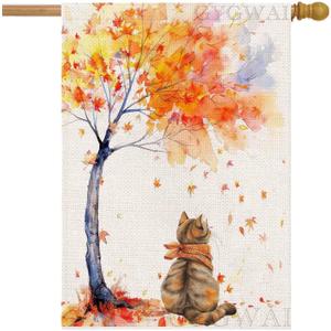 2 x Fall Cat House Flag 28x40 Inch Double Sided Burlap, Autumn Tree Yard Flag for Seasonal Outdoor Outside Farmhouse Decoration