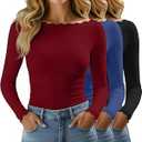 Huukeay 3 Pack Women's Long Sleeve Tops Lettuce Trim Boat Neck Shirts Slim Fit Casual Basic Fitted Tees(Black, Navy Blue, Wine Red, Small)
