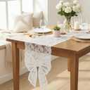 White Lace Table Runner with Big Bow Ends 12 x 71 Inch Vintage Rectangle Macrame Embroidered Runner French Style Tablecloth for Wedding Kitchen Dining Table Home Decor