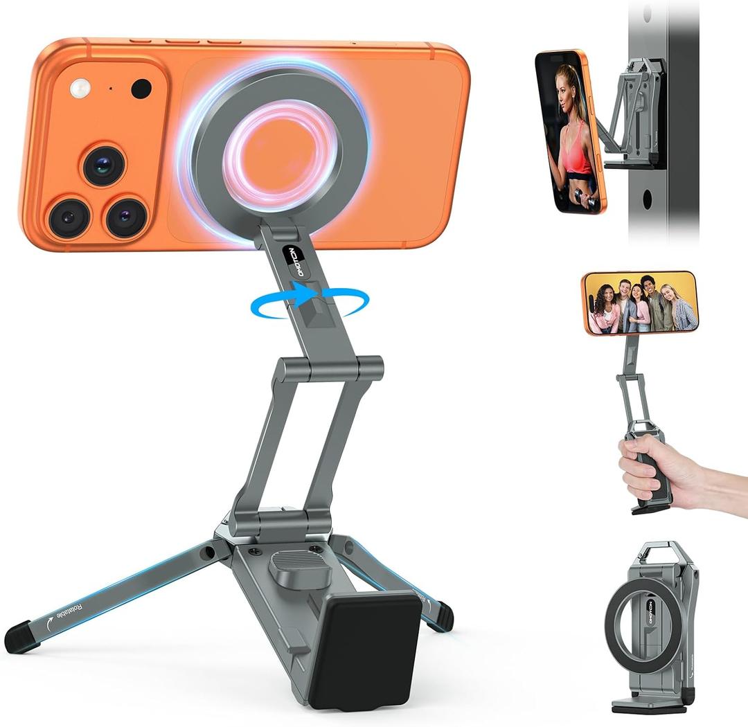 OMOTON TP02 360Rotating for MagSafe Tripod Mount, Adjustable Aluminum Magnetic Phone Tripod for iPhone 17/16/15/14 Pro Max Air, Foldable Cell Phone Stand Fits Vlog, Gym, Travel Essentials, Gray