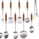304 Stainless Steel Kitchen Utensils Set with Wooden Handle, 11 Pcs Long Heat Resistant Metal Cooking Utensils Set, Stainless Steel Cooking Utensils Set with Spatula, Turner, Solid and Slotted Spoon