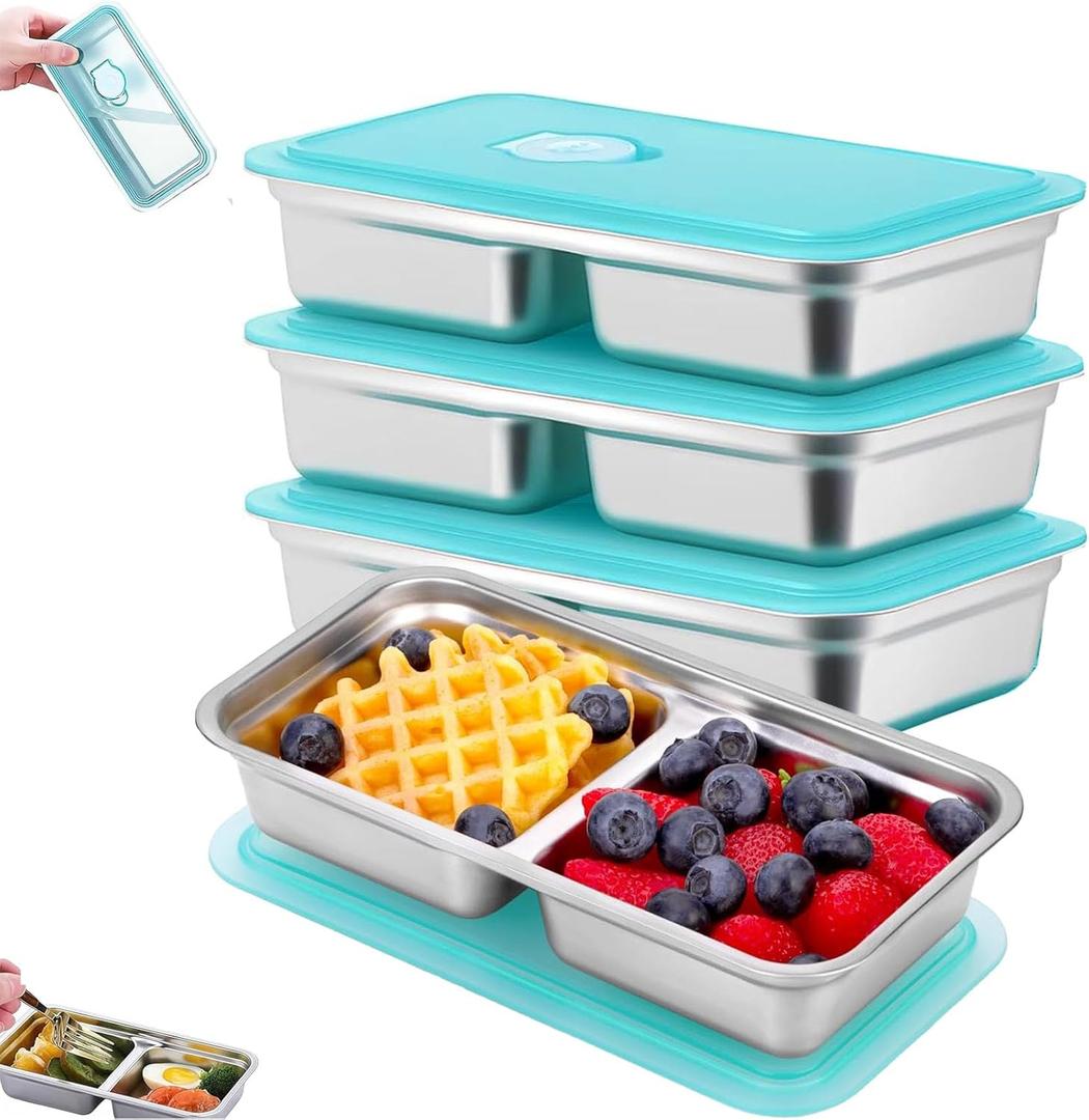 4 Pack Stainless Steel Snack Containers Reusable, Grab and Go 2 Compartment Food Storage Containers with Leakproof Lids for Snacks, Dips, Travel, Takeout & Outdoor Camping