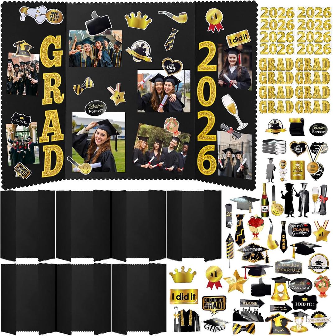 8 Set Black Graduation Photo Trifold Display Boards for Class of 2026 Grad Party Picture Display Graduation Photo Frames Alphabet Grad Stickers for Multiple Pictures Table Decor