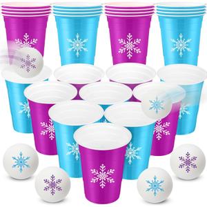22 Pcs Snowflakes Party Game Set Plastic Blue Purple Snowflakes Cups with 8 Balls Set 16oz Disposable Cups and Balls for Adults Birthday Party Favors Supplies