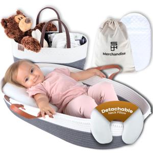 XL Moses Baskets for Newborn with Neck Support - with Diaper/Wipe Caddy - Neck Pillow - Extra Changing Pad - and Travel Bag - Changing Table Topper for Dresser - 5 Pack - Blck/BRWN/Wht