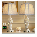 Set of 2 Rustic Table Lamps for Living Room Bedroom, Farmhouse Vintage Nightstand Lamp with 2 USB Ports, Hollow Out Resin Lamp for End Table with Nightlight, Bulbs Included (Wash White)