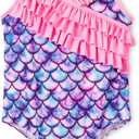Dvenki Girls One Piece Swimsuit - Adjustable Strap, Checked Face & Mermaid Print Toddler Ruffle Bathing Suit Size 2T-10