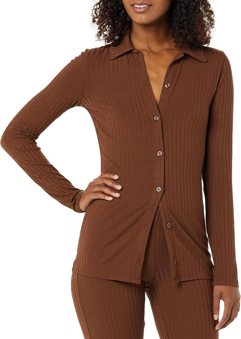 Amazon Essentials womens Wide Rib Long Sleeve Button-up Collared Cardigan (Pants Sold Separately) (XX-Large, Chocolate)