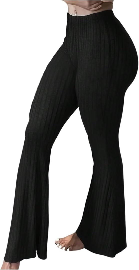 WDIRARA Women's Flare Leggings Workout Ribbed Elastic Waist Bell Bottom Yoga Pants (Black, M)