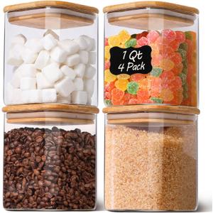 1Qt Airtight Glass Canisters with Bamboo Lid, Square Pantry Storage Containers for Coffee, Cookie, Candy, Snack, Nuts, Dry Goods - Kitchen & Pantry Organizers and Storage Containers 4 pack