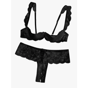 Lilosy Women Sexy White Floral Lace Sheer Lingerie Set Underwire See Through Bra and Panty size XL
