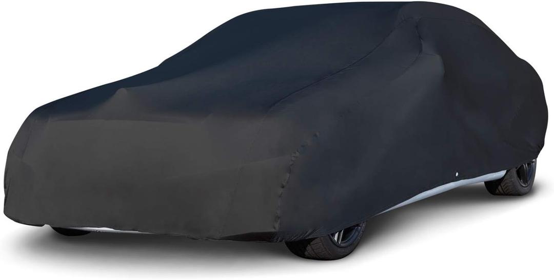 Budge Indoor Stretch Car Cover, Premium Dustproof Protection with Soft Fleece Lining, Breathable Indoor Car Cover Fits Vehicles up to 200 Inches, Black